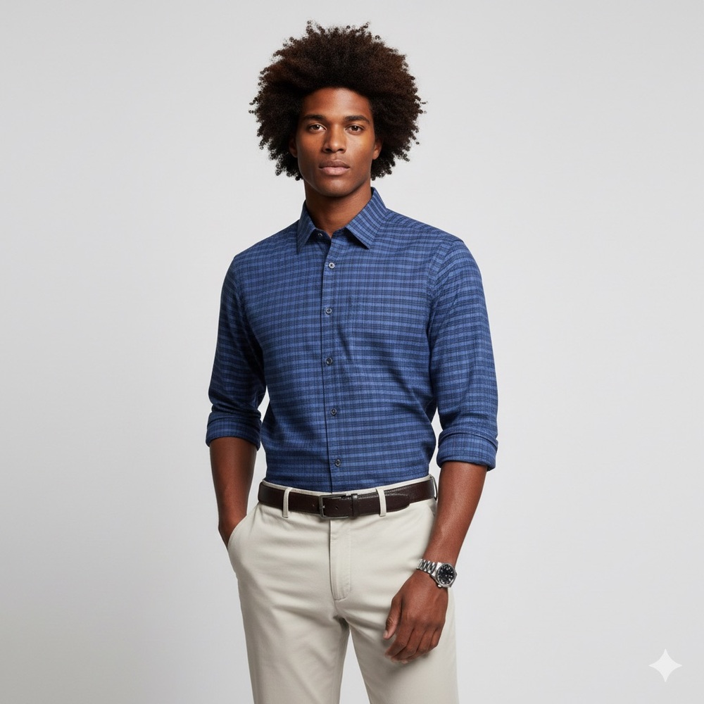 129 THEORY Men's Long Sleeve Plaid Shirt in 'Good Cotton', Blue, XL